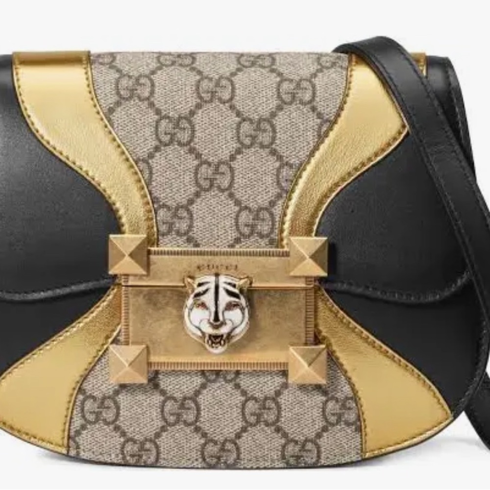 Gucci Black/Gold GG Supreme Crossbody with Tiger Head Clasp